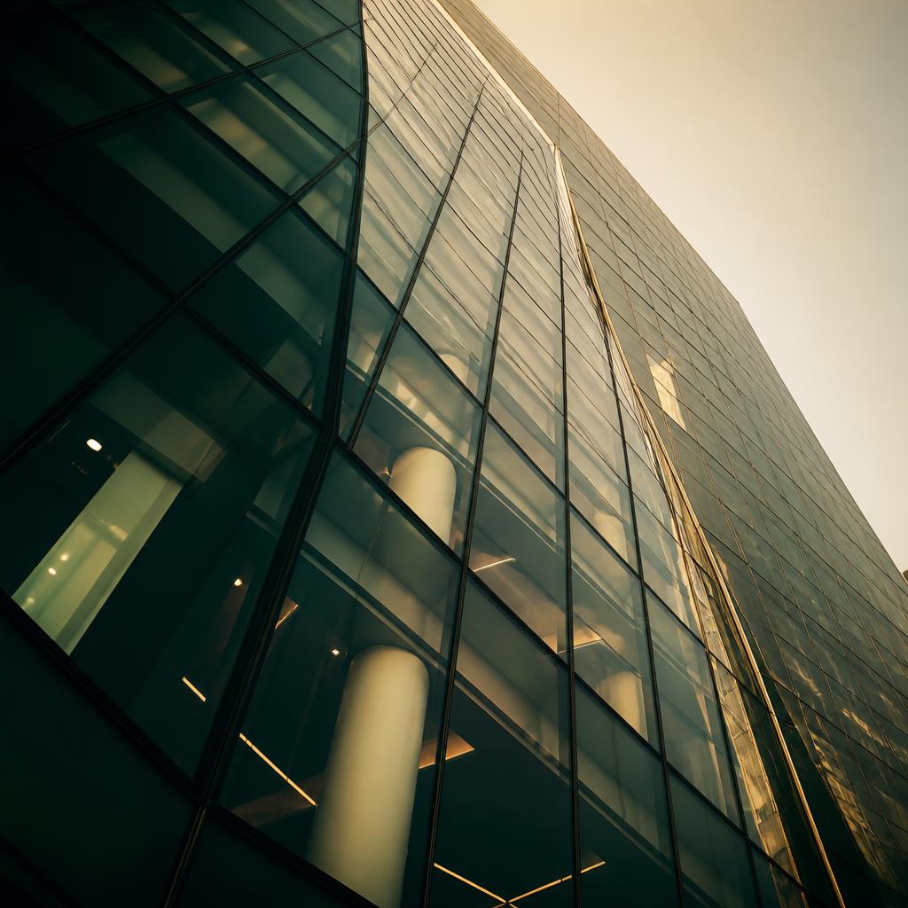 Modern glass office tower, viewed from below